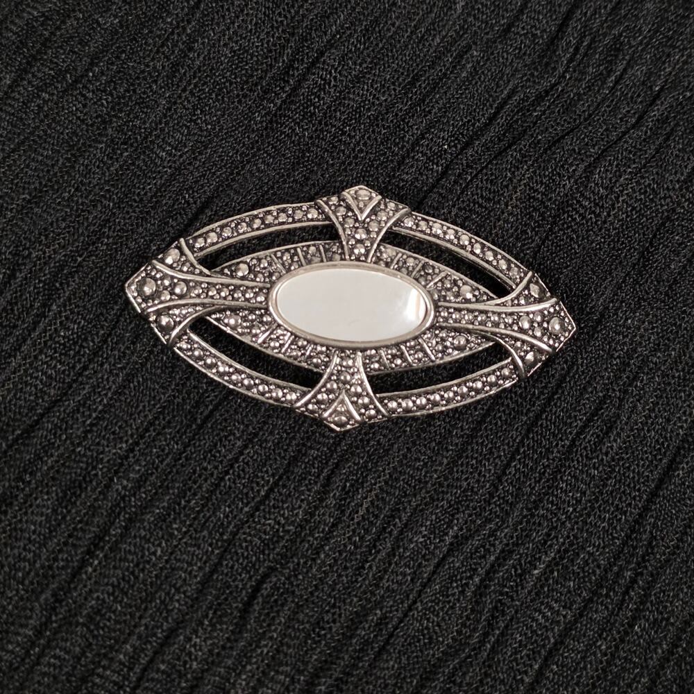 Vintage Victorian Elegance Mother of Pearl Faux Marcasite Brooch Pin Jewelry